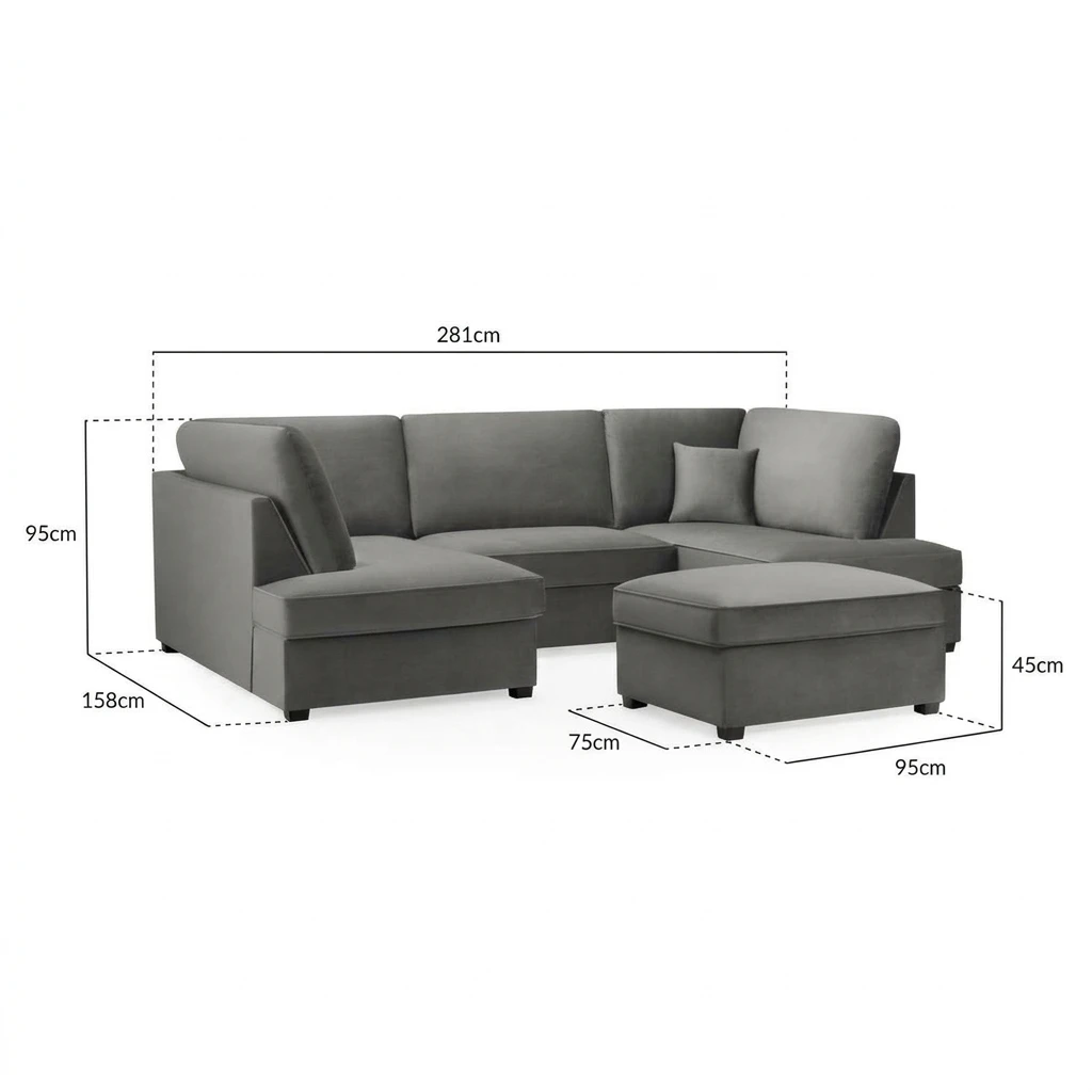 Carnaby Plush Grey U Shape Corner Sofa | Luxury Plush Sofa UK