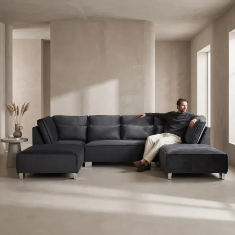  Sloane U Shape Black Velvet Corner Sofa 