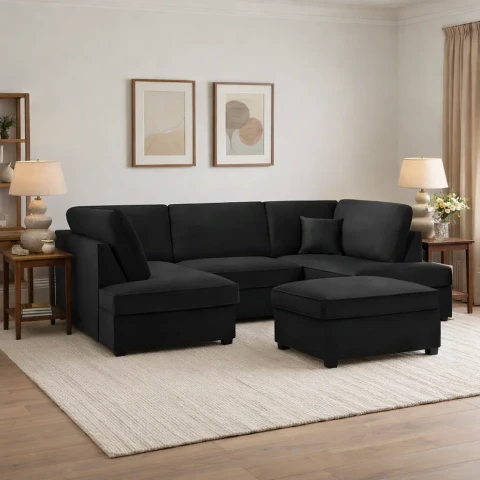 Carnaby Plush Black U Shape Corner Sofa | Luxury Plush Sofa UK