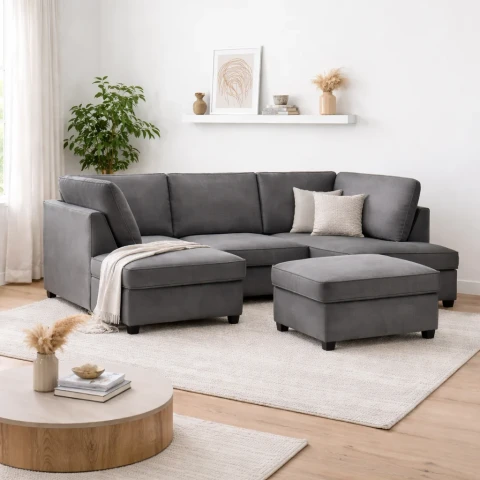 Carnaby Plush Grey U Shape Corner Sofa | Luxury Plush Sofa UK