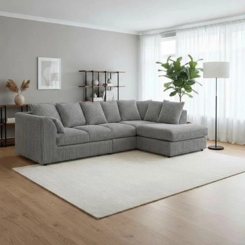 Dylan L Shape Grey Jumbo Cord Scatter Back Sofa – Right Hand Facing Corner Sofa