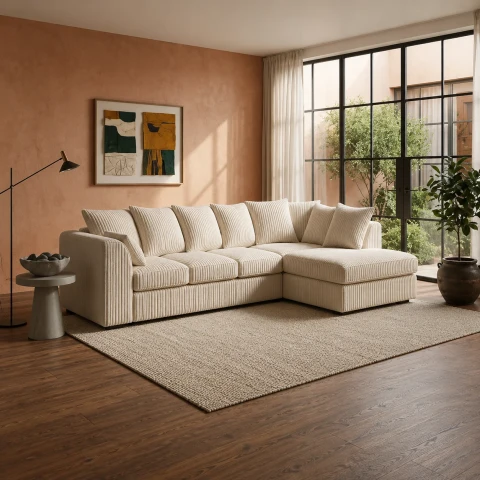 Dylan L Shape Cream Jumbo Cord Scatter Back Sofa – Right Hand Facing Corner Sofa