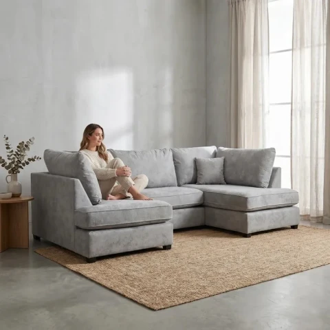 Carnaby Grey Fabric U-Shaped Corner Sofa – High Back Modular 5 Seater