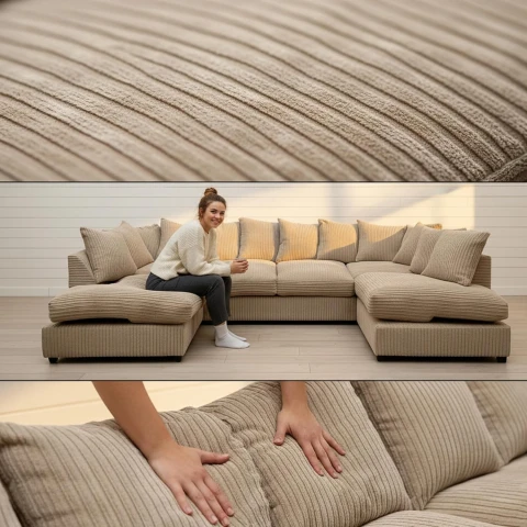 Beige Jumbo Cord U-Shaped Sofa – 6-7 Seater Modular Corner Sofa for Family Living Room