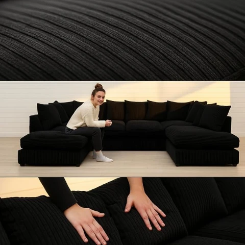 Black Jumbo Cord U-Shaped Sofa – 6-7 Seater Modular Corner Sofa for Family Living Room