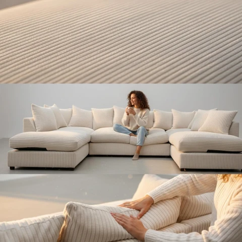 Cream Jumbo Cord U-Shaped Sofa – 6-7 Seater Modular Corner Sofa for Family Living Room