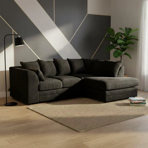 Black Jumbo Cord Right Hand Corner Sofa – 4-5 Seater L-Shaped Sofa with Scatter Back Cushions