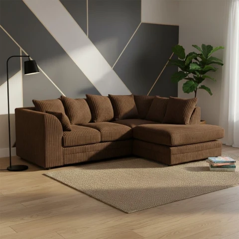Brown Jumbo Cord Right Hand Corner Sofa – 4-5 Seater L-Shaped Sofa with Scatter Back Cushions