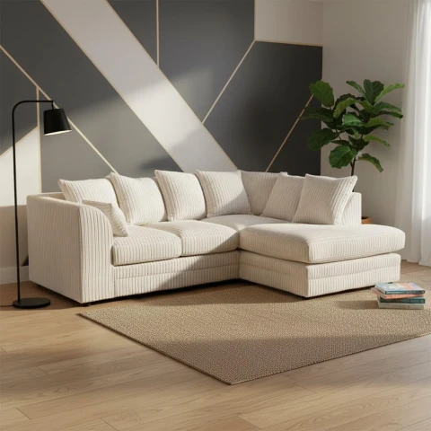 Cream Jumbo Cord Right Hand Corner Sofa – 4-5 Seater L-Shaped Sofa with Scatter Back Cushions