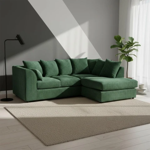 Green Jumbo Cord Right Hand Corner Sofa – 4-5 Seater L-Shaped Sofa with Scatter Back Cushions