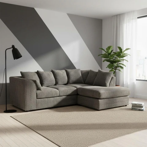Grey Jumbo Cord Right Hand Corner Sofa – 4-5 Seater L-Shaped Sofa with Scatter Back Cushions