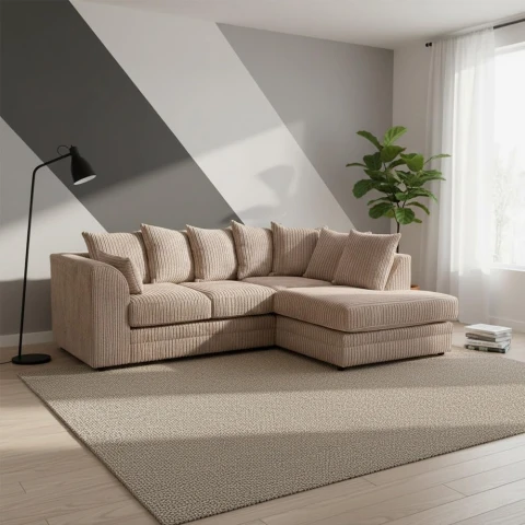 Mink Jumbo Cord Right Hand Corner Sofa – 4-5 Seater L-Shaped Sofa with Scatter Back Cushions