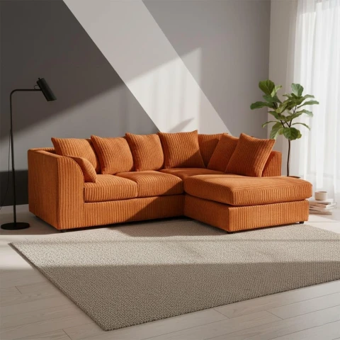 Orange Jumbo Cord Right Hand Corner Sofa – 4-5 Seater L-Shaped Sofa with Scatter Back Cushions