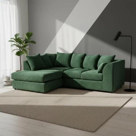 Green Jumbo Cord Modular L-Shaped Corner Sofa – 3-4 Seater Cloud Sofa, Left Hand Facing