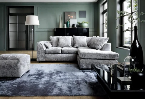 Silver Chenille Right Hand Corner Sofa – 4 Seater L-Shaped Sofa with Deep Cushions