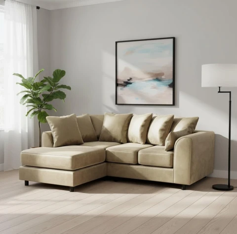 Beige Velvet Left Hand Corner Sofa – L-Shaped Sofa with Reversible Chaise & Scatter Back Cushions