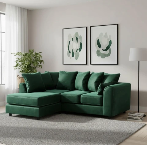 Green Velvet Left Hand Corner Sofa – L-Shaped Sofa with Reversible Chaise & Scatter Back Cushions