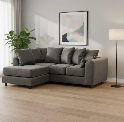 Grey Velvet Left Hand Corner Sofa – L-Shaped Sofa with Reversible Chaise & Scatter Back Cushions