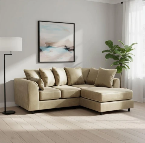 Beige Velvet Right Hand Corner Sofa – L-Shaped Sofa with Reversible Chaise & Scatter Back Cushion