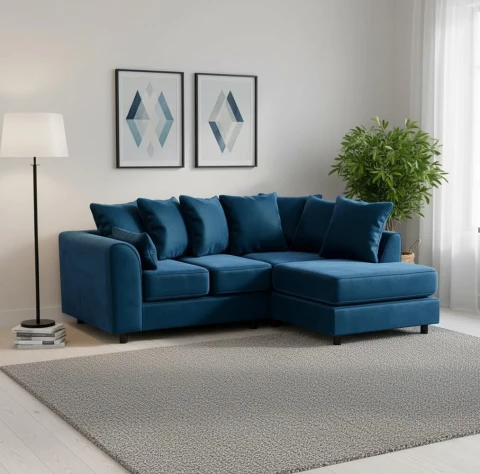 Blue Velvet Right Hand Corner Sofa – L-Shaped Sofa with Reversible Chaise & Scatter Back Cushions