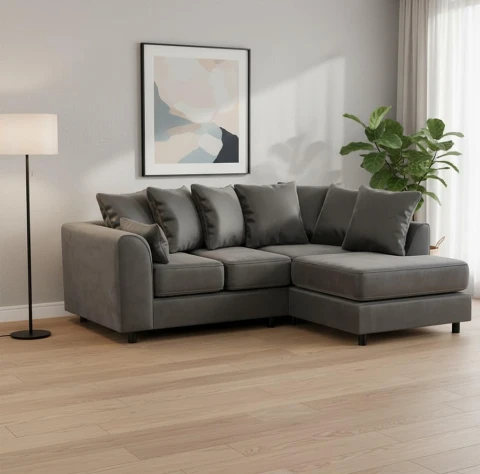 Grey Velvet Right Hand Corner Sofa – L-Shaped Sofa with Reversible Chaise & Scatter Back Cushions