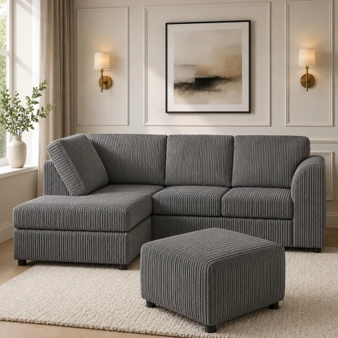 Grey Left Corner Cord Sofa with Memory Foam Seats & Removable Covers | 212 x 164cm