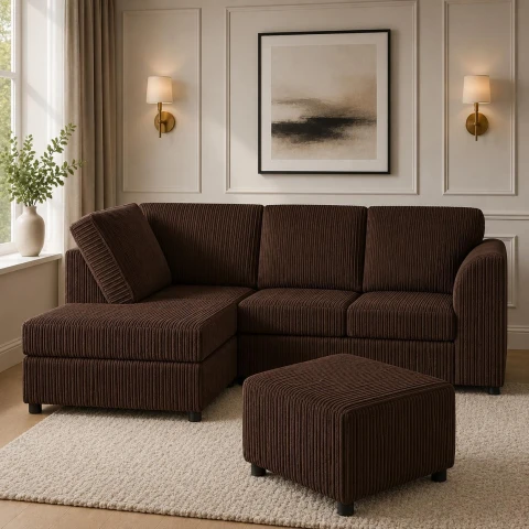 Brown Left Corner Cord Sofa with Memory Foam Seats & Removable Covers | 212 x 164cm