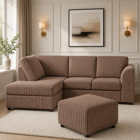 Mink Left Corner Cord Sofa with Memory Foam Seats & Removable Covers | 212 x 164cm