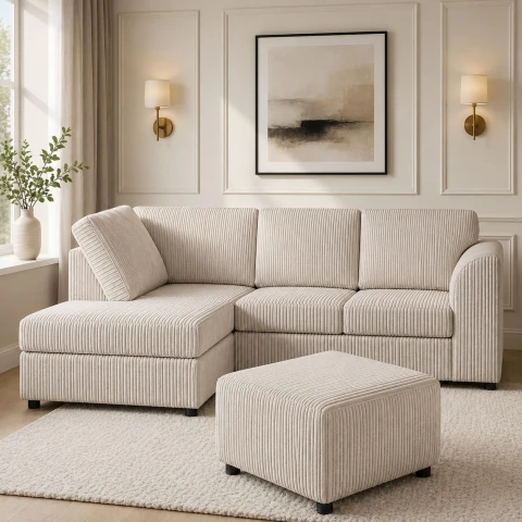 Cream Left Corner Cord Sofa with Memory Foam Seats & Removable Covers | 212 x 164cm