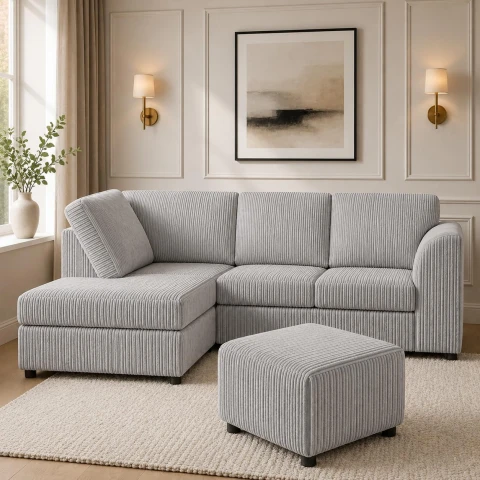 Silver Left Corner Cord Sofa with Memory Foam Seats & Removable Covers | 212 x 164cm