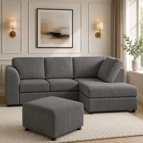Grey Right Hand Corner Sofa – Jumbo Cord L Shaped Sofa with Luxury Fixed Back Cushions