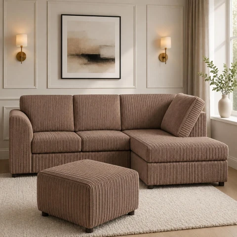 Mink Right Hand Corner Sofa – Jumbo Cord L Shaped Sofa with Luxury Fixed Back Cushions