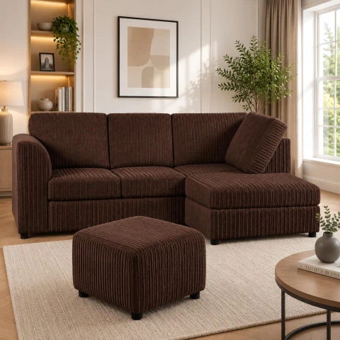 Brown Right Hand Corner Sofa – Jumbo Cord L Shaped Sofa with Luxury Fixed Back Cushions