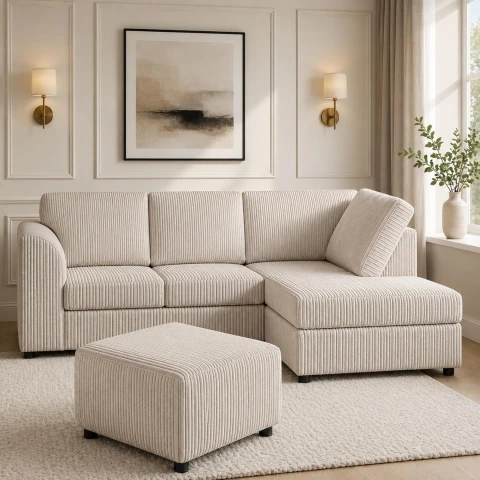 Cream Right Hand Corner Sofa – Jumbo Cord L Shaped Sofa with Luxury Fixed Back Cushions