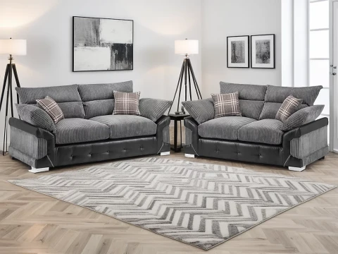 Logan 3+2 Seater Fixed Back Black & Grey Leather Sofa Set