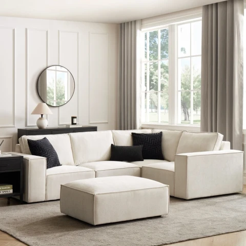 Brooklyn Small Right Hand L Shape Sofa – Cream Plush Velvet Corner Sofa with Free Footstool