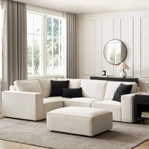 Brooklyn Small Left Hand L Shape Sofa – Cream Plush Velvet Corner Sofa with Free Footstool