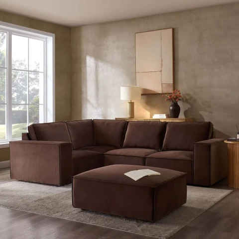 Brooklyn Small Left Hand L Shape Sofa – Brown Plush Velvet Corner Sofa with Free Footstool