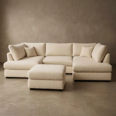 Cream Boucle U-Shaped Sofa – Large 6 Seater Modular Corner Sofa with High Back & Full Back Cushions