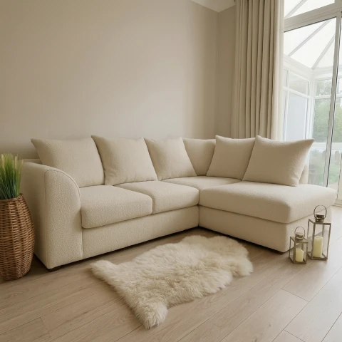 Cream Boucle Right Hand Corner Sofa – 4 Seater L-Shaped Teddy Fabric Sofa with Scatter Back Cushions