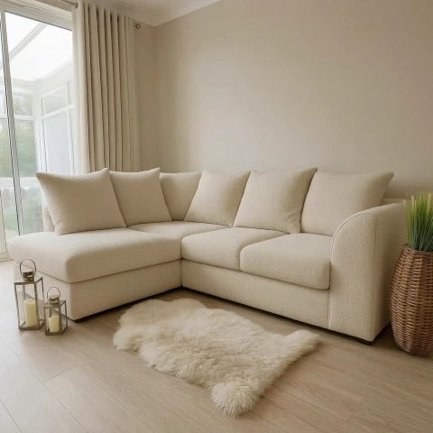 Cream Boucle Left Hand Corner Sofa – 4 Seater L-Shaped Teddy Fabric Sofa with Scatter Back Cushions