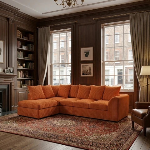 Orange Jumbo Cord Left Hand Corner Sofa – 4–5 Seater L-Shaped Sofa with Chaise & Scatter Back Cushions