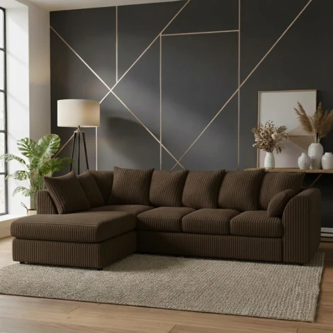 Brown Jumbo Cord Left Hand Corner Sofa – 4–5 Seater L-Shaped Sofa with Chaise & Scatter Back Cushions