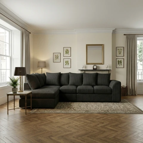Black Jumbo Cord Left Hand Corner Sofa – 4–5 Seater L-Shaped Sofa with Chaise & Scatter Back Cushions