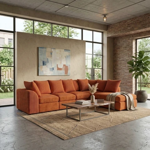 Orange Jumbo Cord Right Hand Corner Sofa – 4–5 Seater L-Shaped Sofa with Chaise & Scatter Back Cushions