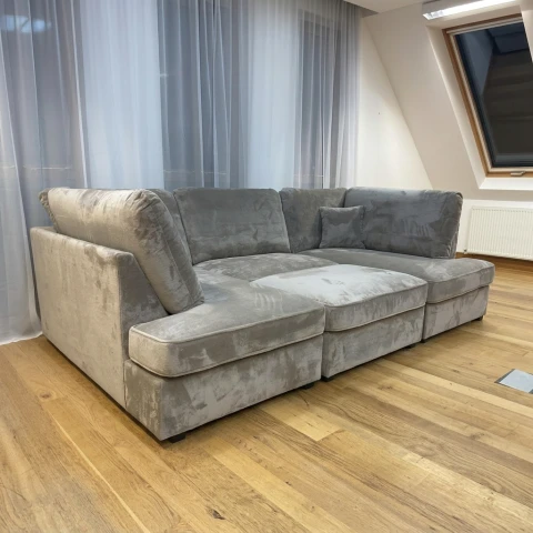 Grey Plush Velvet U-Shaped Sofa – Large 4 Seater Corner Sofa with Footstool & High Back